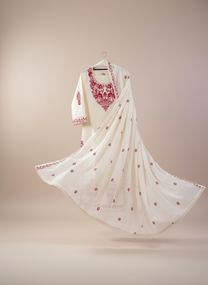 Pink Embroidered Suit Long - Linen Set