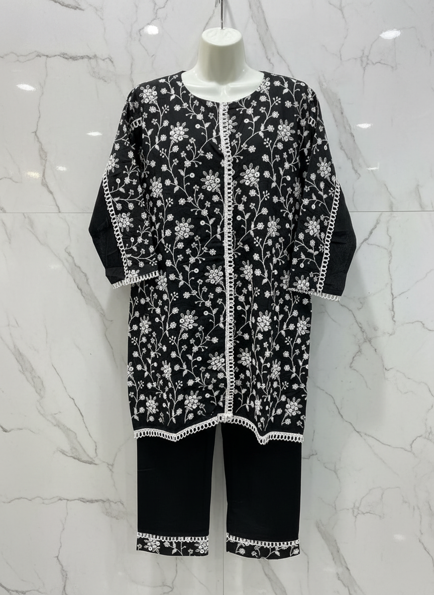 Full Black Aari Work- Linen Set