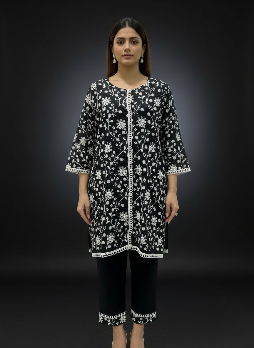 Full Black Aari Work- Linen Set