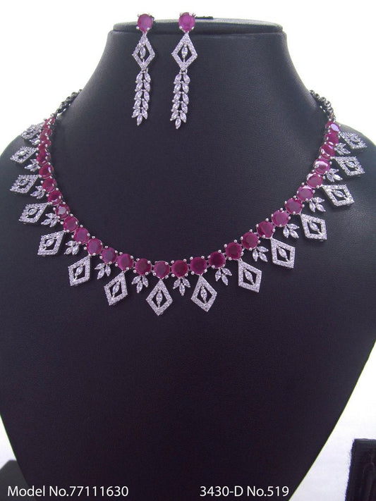 Necklace Set Red CZ , Diamond leaves