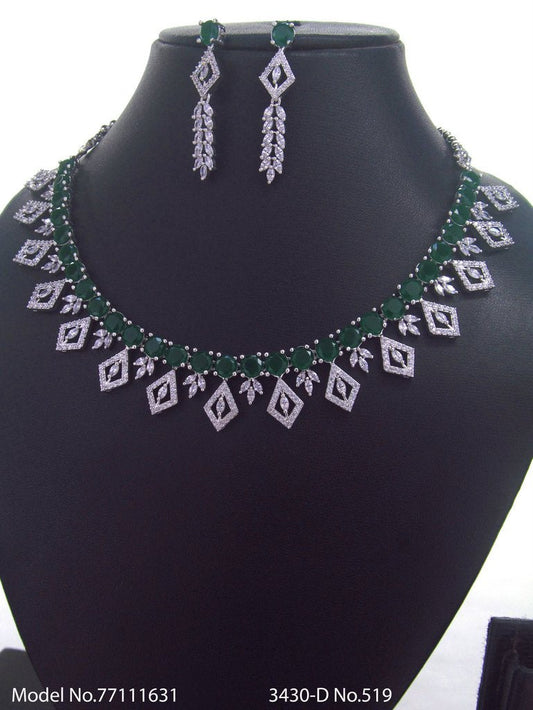 Necklace Set Green CZ , Diamond leaves